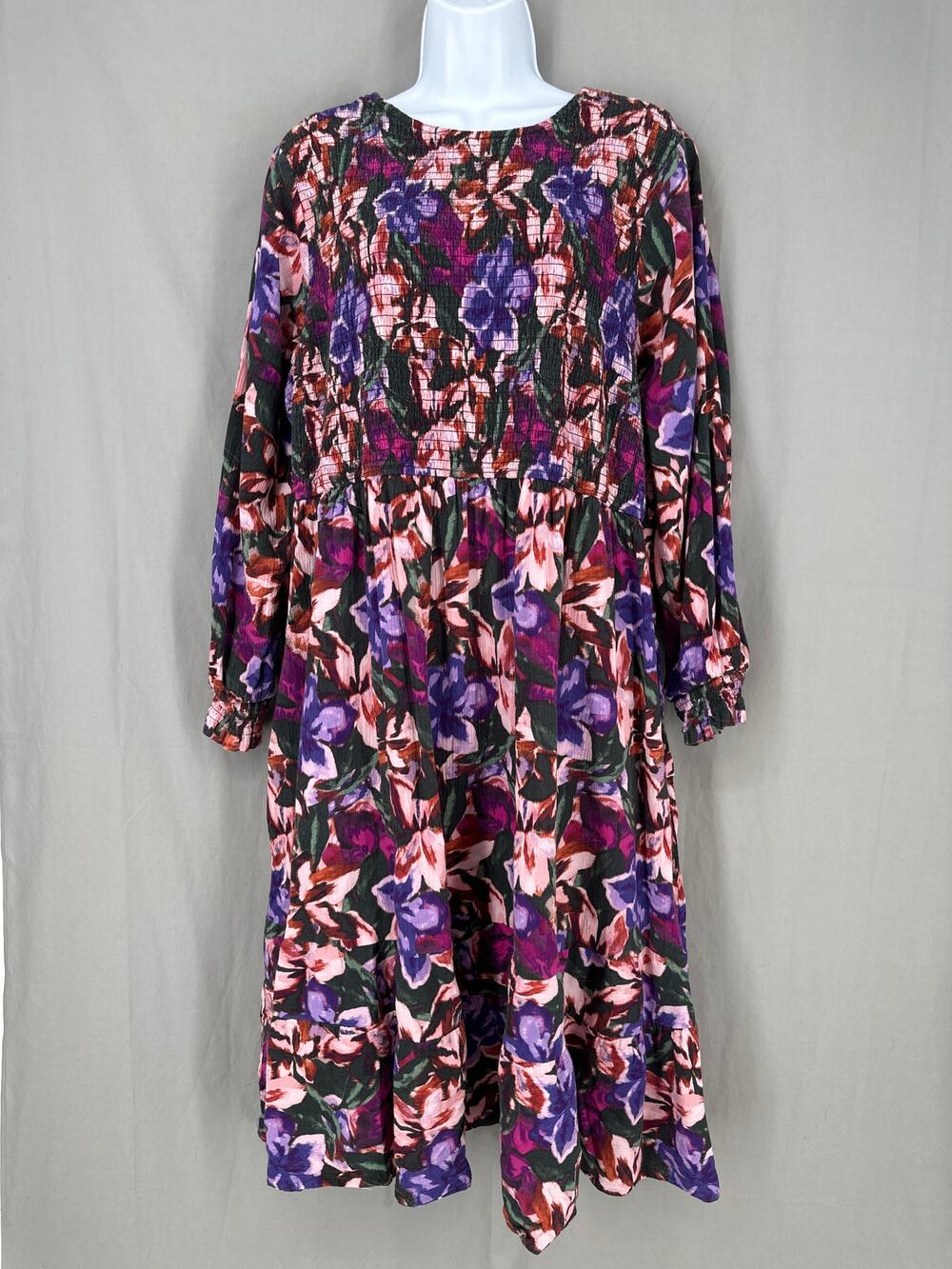 Terra Sky Dress Womens 2X Purple Floral Midi Green Boho Tiered Cottage Pockets